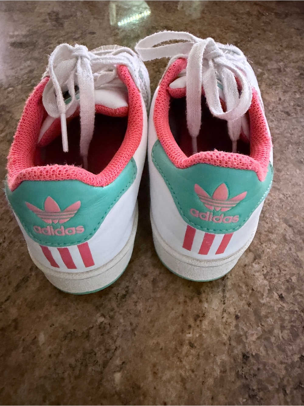 Girls size 1 Adidas  Sneakers, white with Pink & Teal Accents